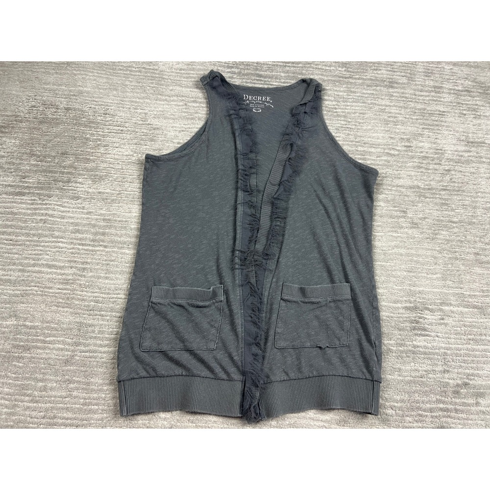 Decree Vest Cardigan Womens XL Gray Open Front Frayed Trim Cotton Boho Pockets